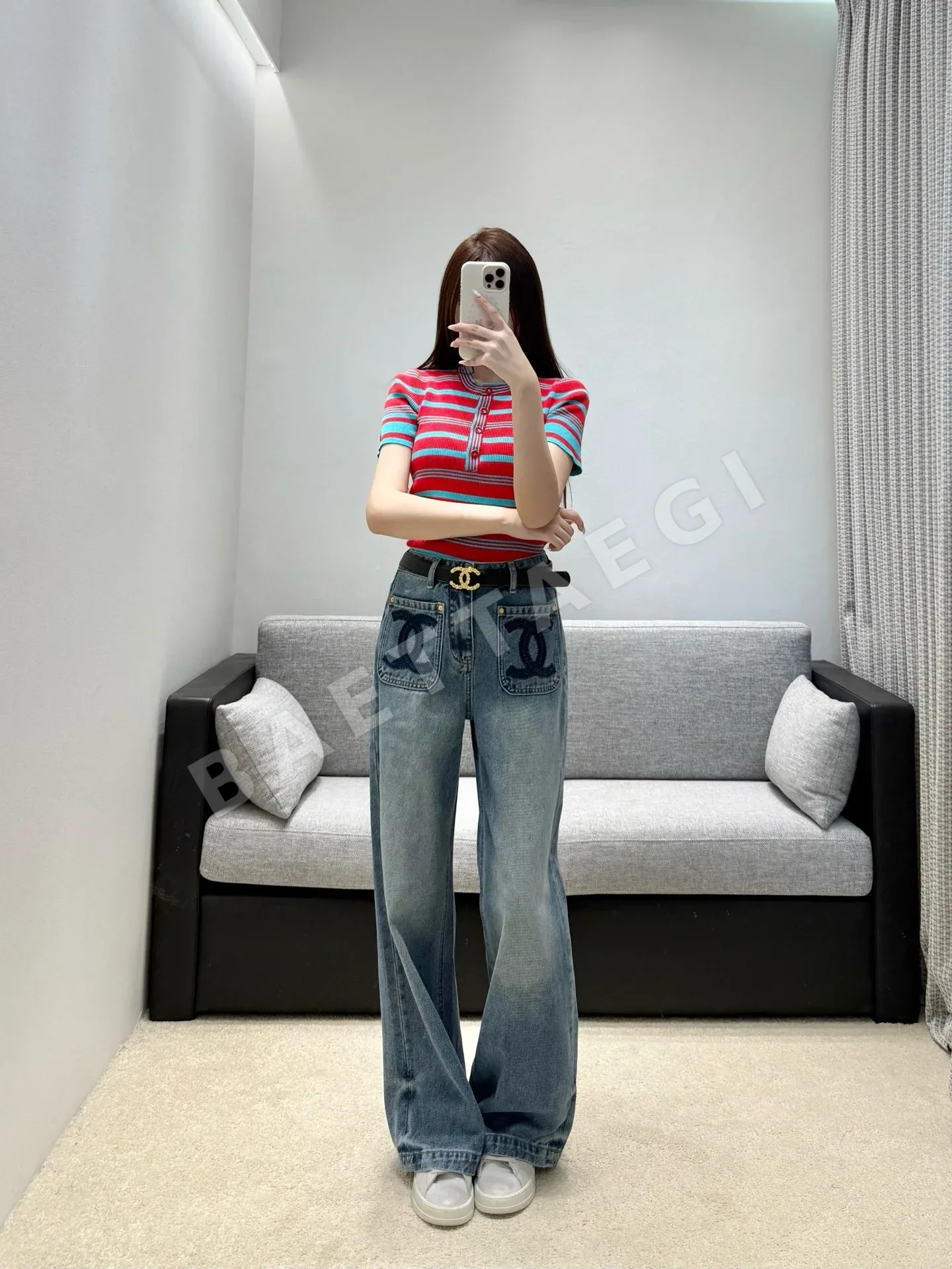 샤넬 투톤 와이드 레그 데님 여성 바지 상세 이미지 4