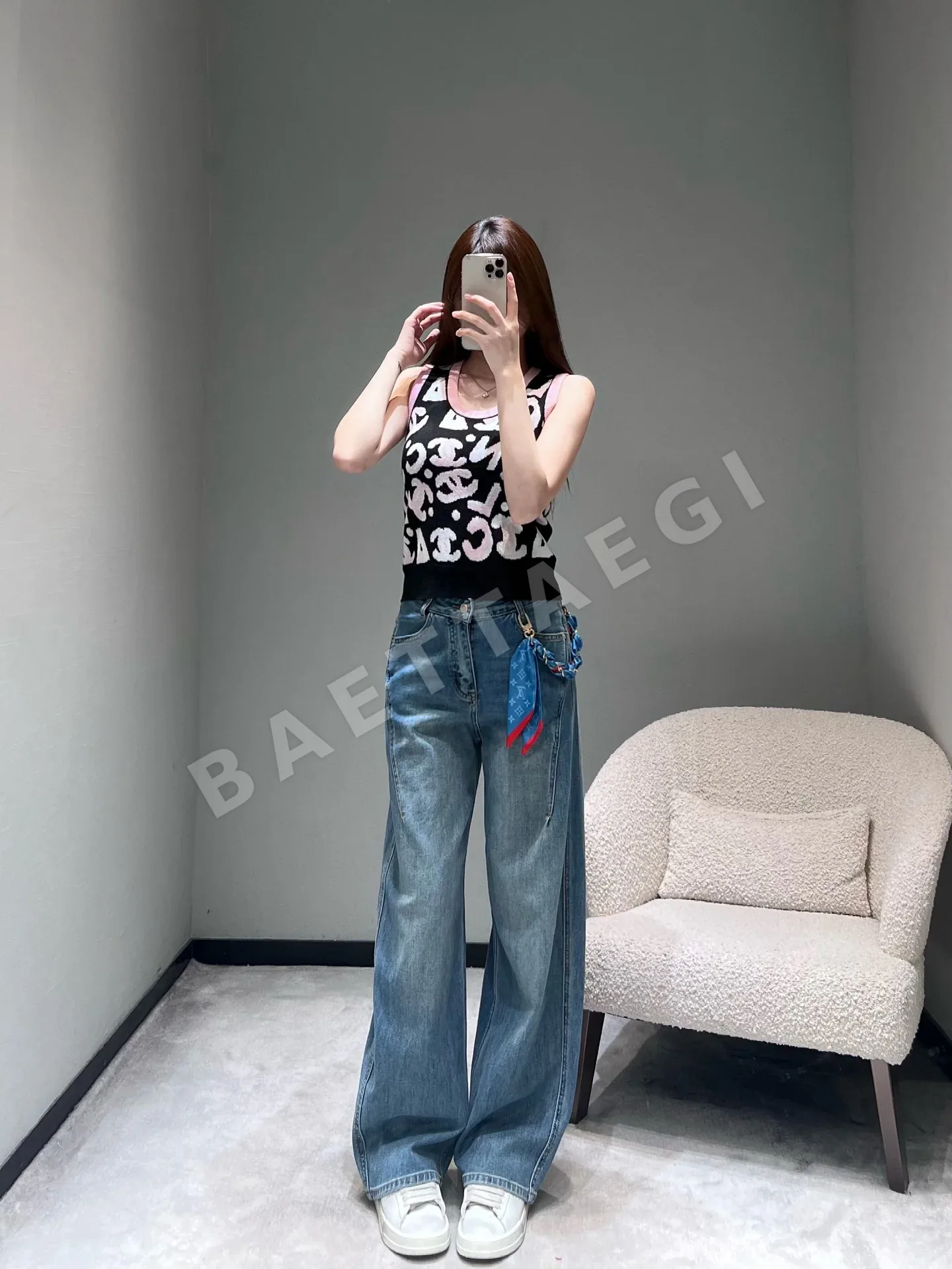 샤넬 모노그램 패턴 니트 반팔 탑 상세 이미지 6
