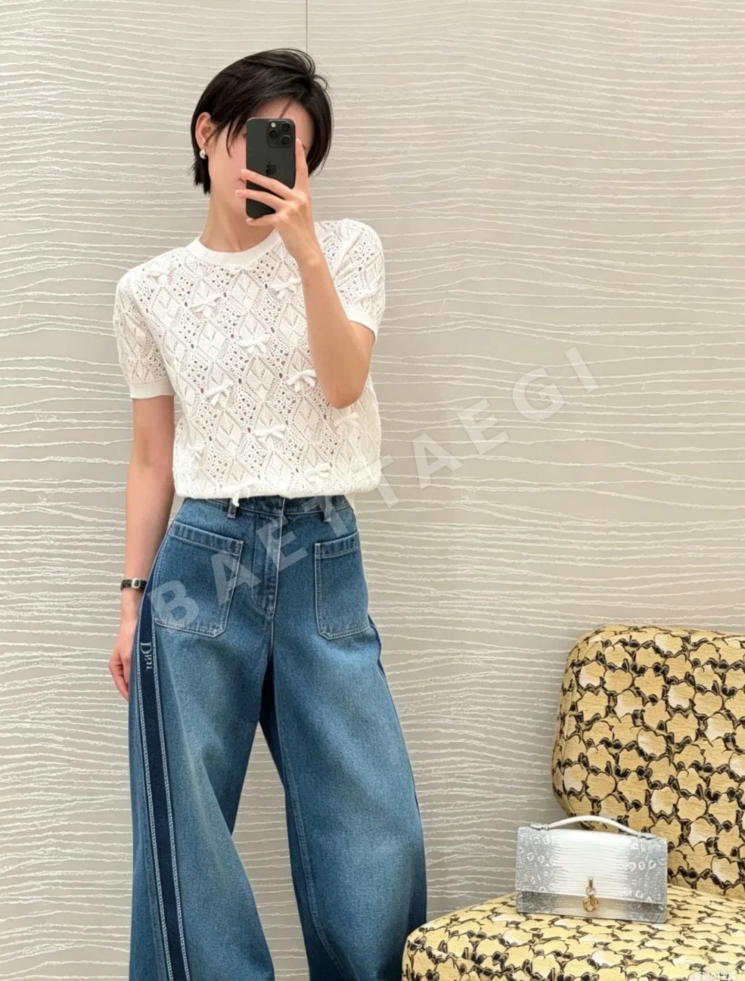 디올 리본 장식 시스루 반팔 니트 탑 상세 이미지 6