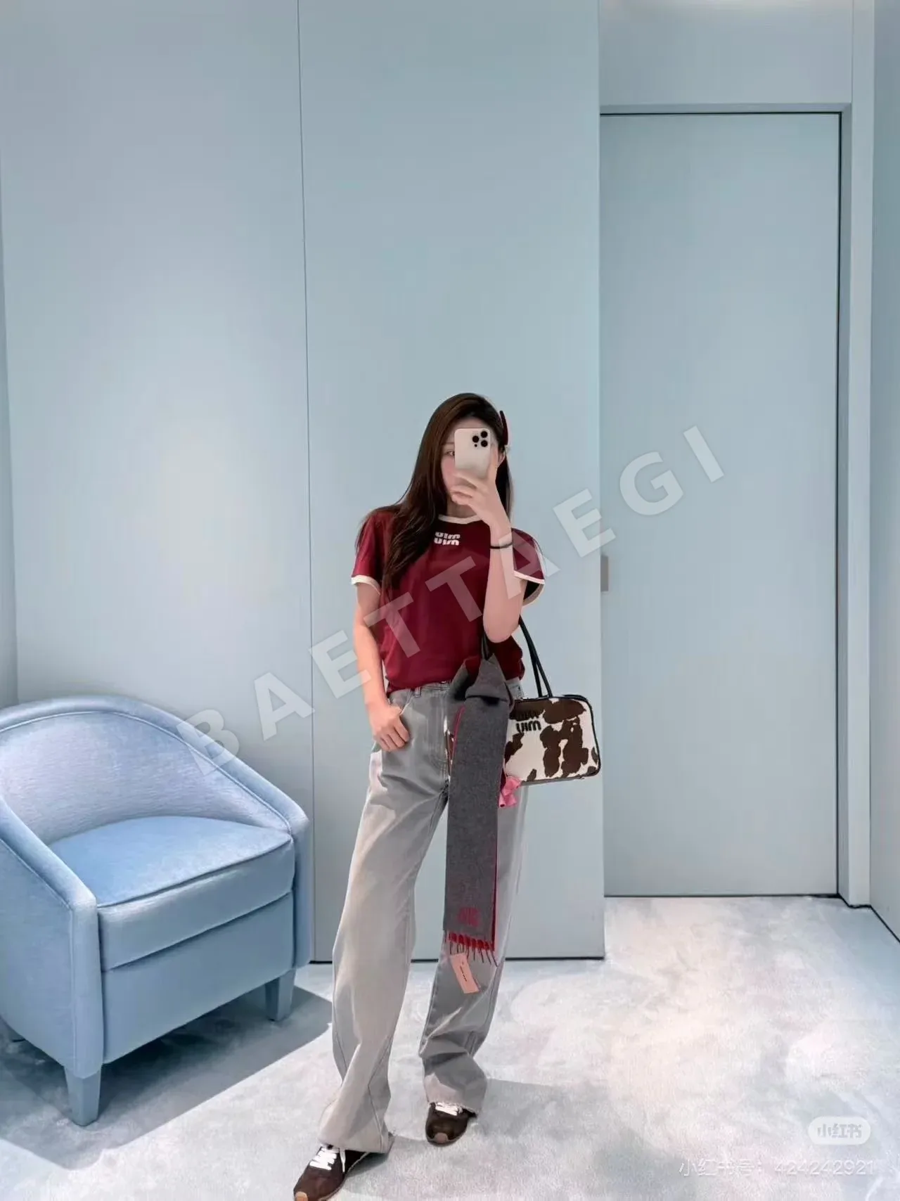 미우미우 컬러 블록 크루넥 코튼 반팔티셔츠 상세 이미지 6