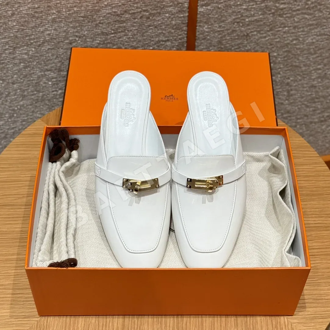 에르메스 이즈 뮬 샌들 퓨어 화이트 염소가죽 골드 하드웨어 상세 이미지 2