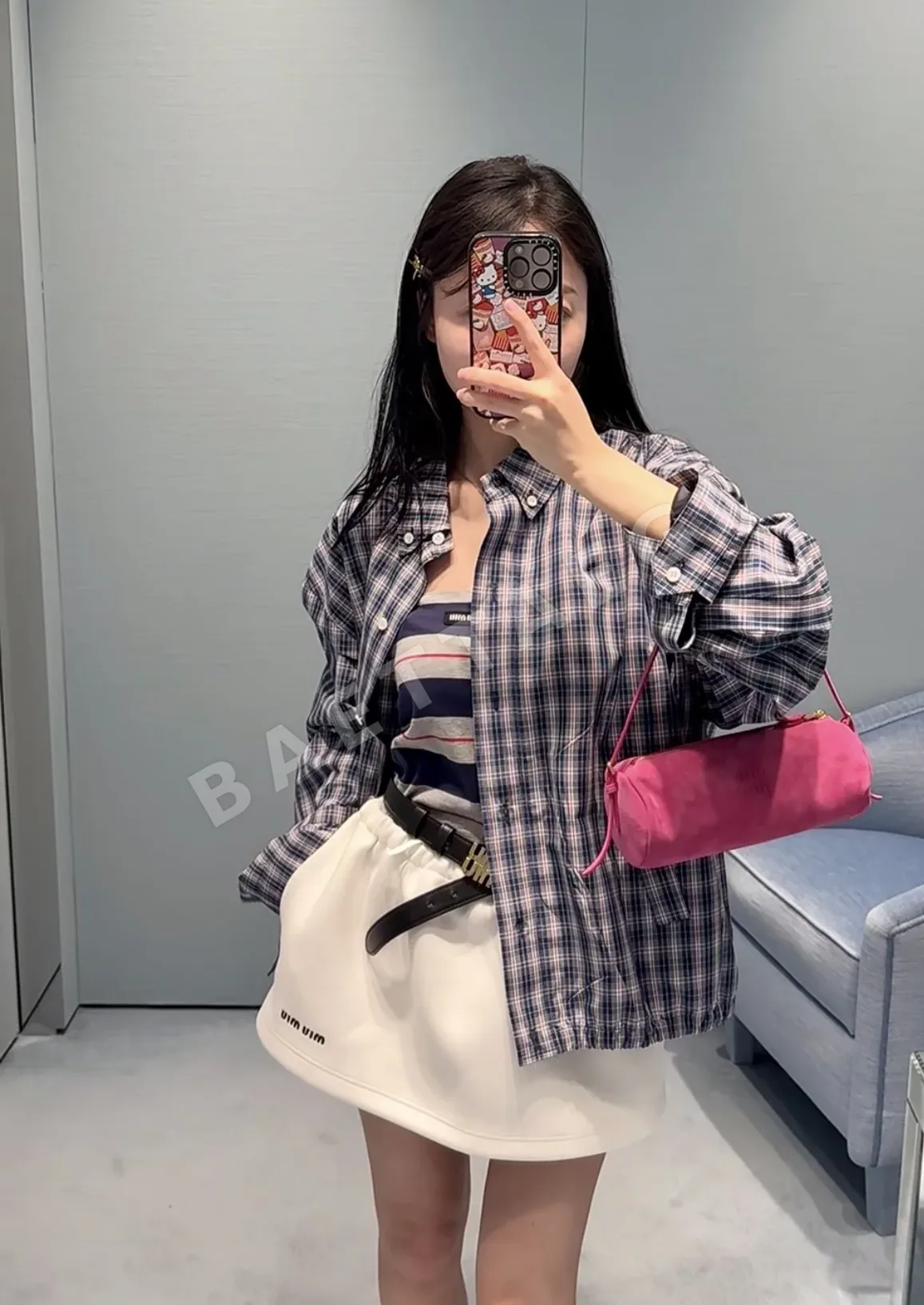 미우미우 레터 로고 자수 체크 셔츠 상세 이미지 9