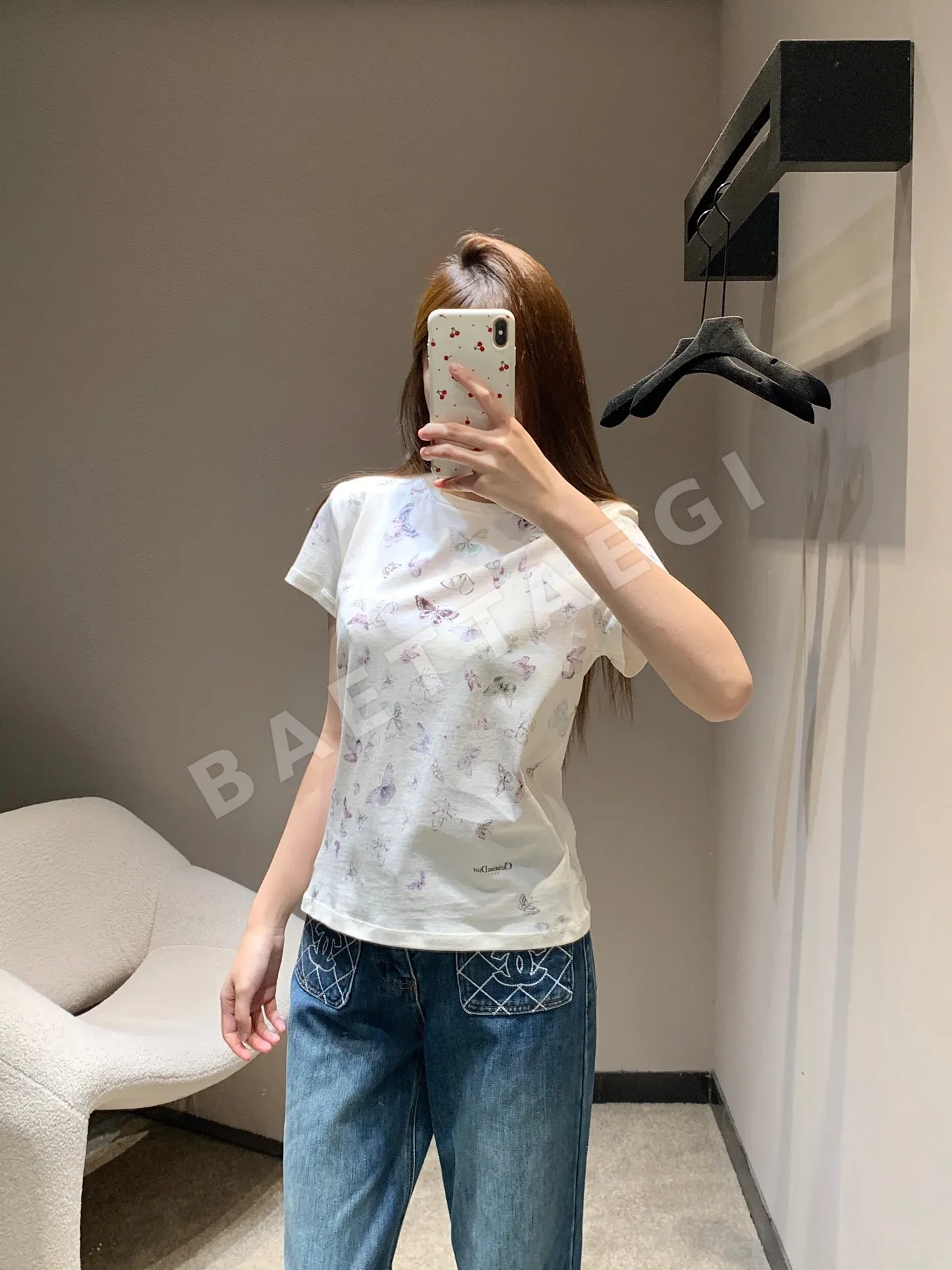 디올 나비 프린트 크롭 코튼 반팔 티셔츠 상세 이미지 9